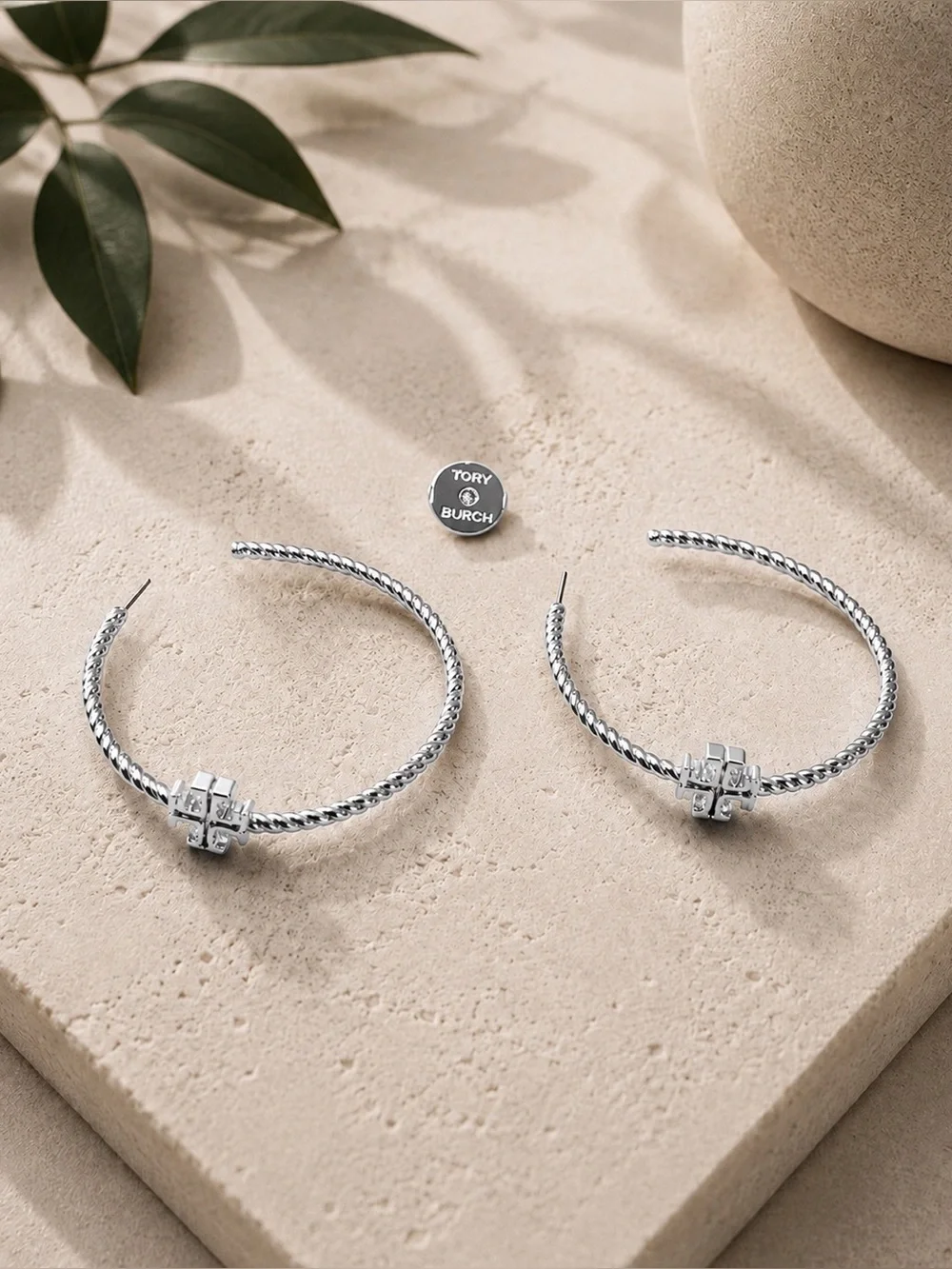 Tory Burch Silver Tone Twisted Hoop Earrings Logo Butterfly Back